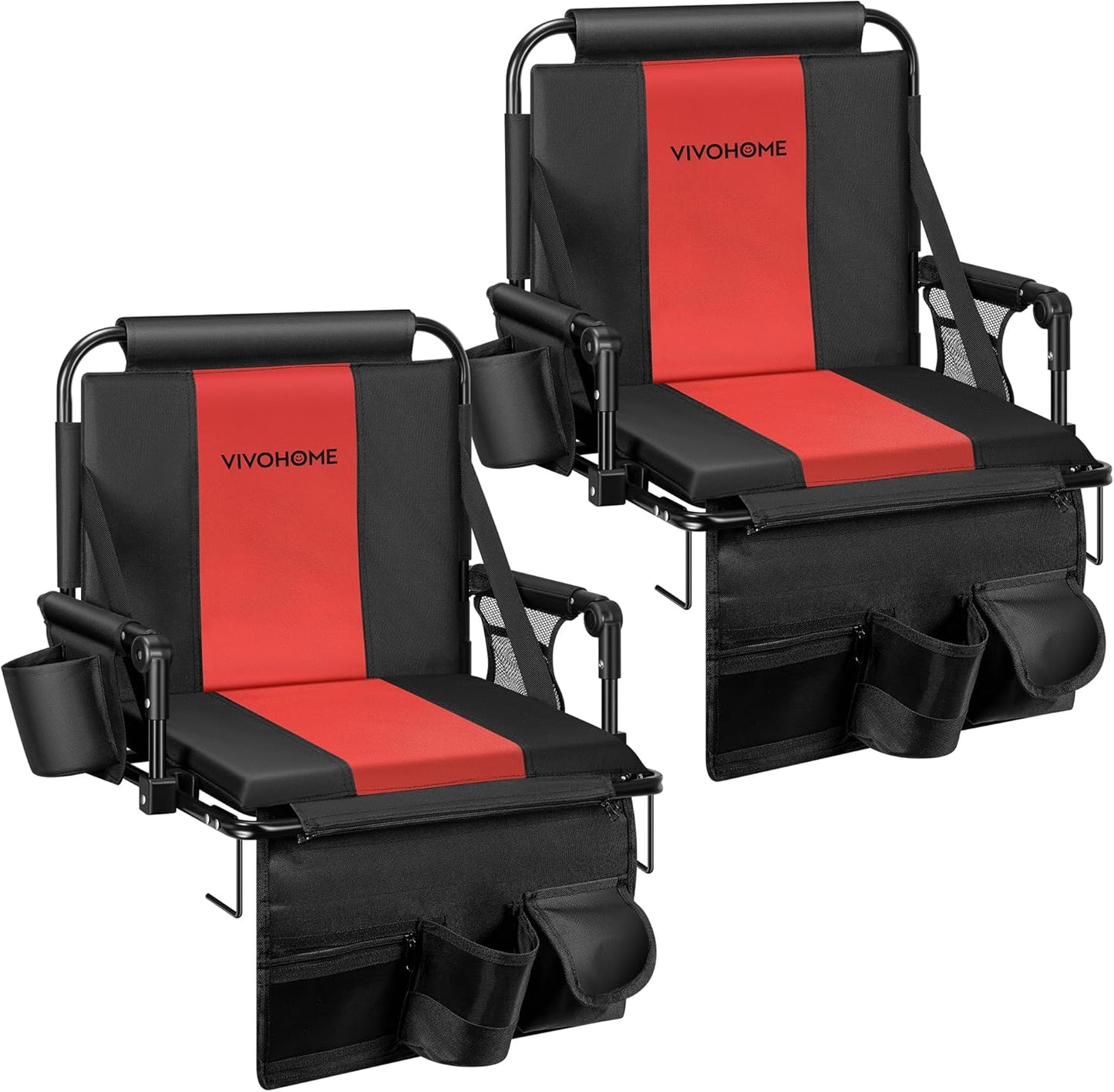 VIVOHOME Stadium Seats with Back Support and Cushion, 2 Pack Portable Bleacher Chairs with Cup Holder, Storage Bags and Shoulder Strap, Comfortable for Various Sports Events, Black and Gray