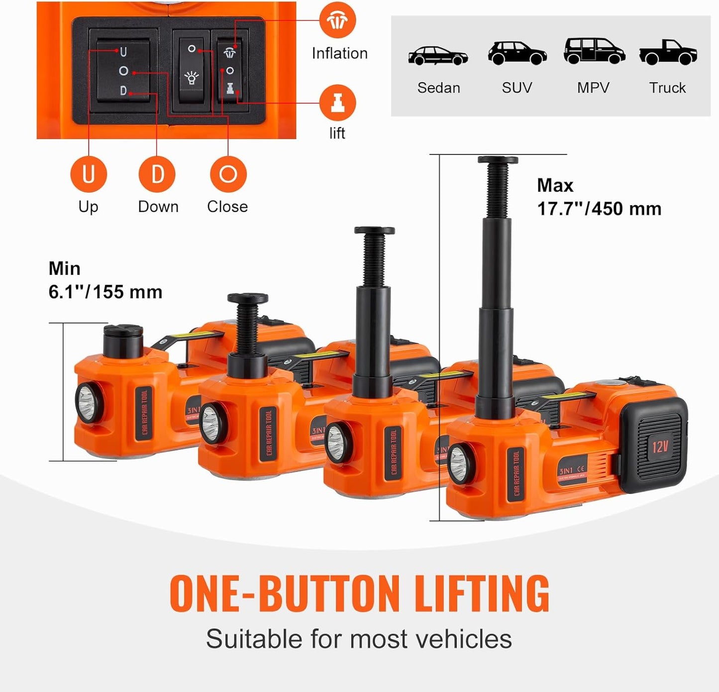 VEVOR Electric Car Jack. 5 Ton/11023 LBS Hydraulic Jack Lift with Electric Impact Wrench. Built-in Inflatable Pump. and LED Light for SUV MPV Sedan Truck Change Tires Garage Repair