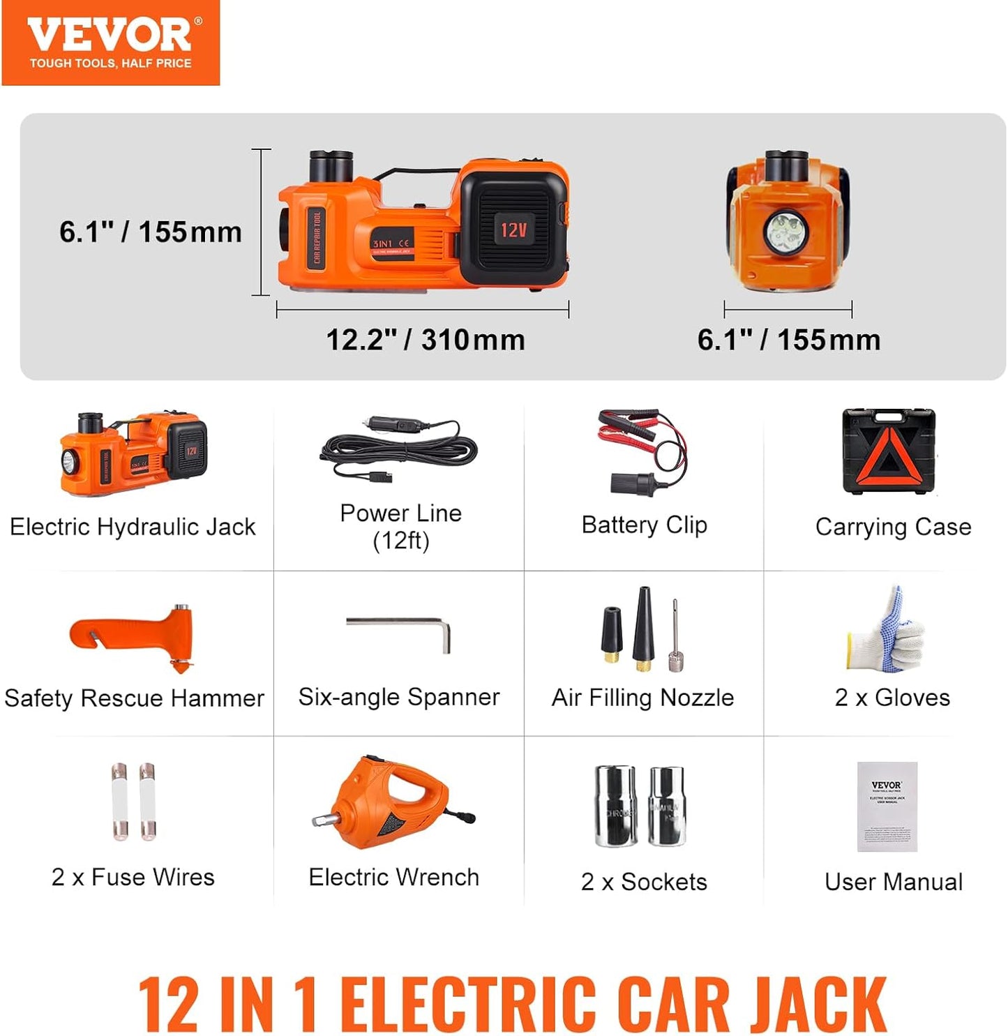 VEVOR Electric Car Jack. 5 Ton/11023 LBS Hydraulic Jack Lift with Electric Impact Wrench. Built-in Inflatable Pump. and LED Light for SUV MPV Sedan Truck Change Tires Garage Repair