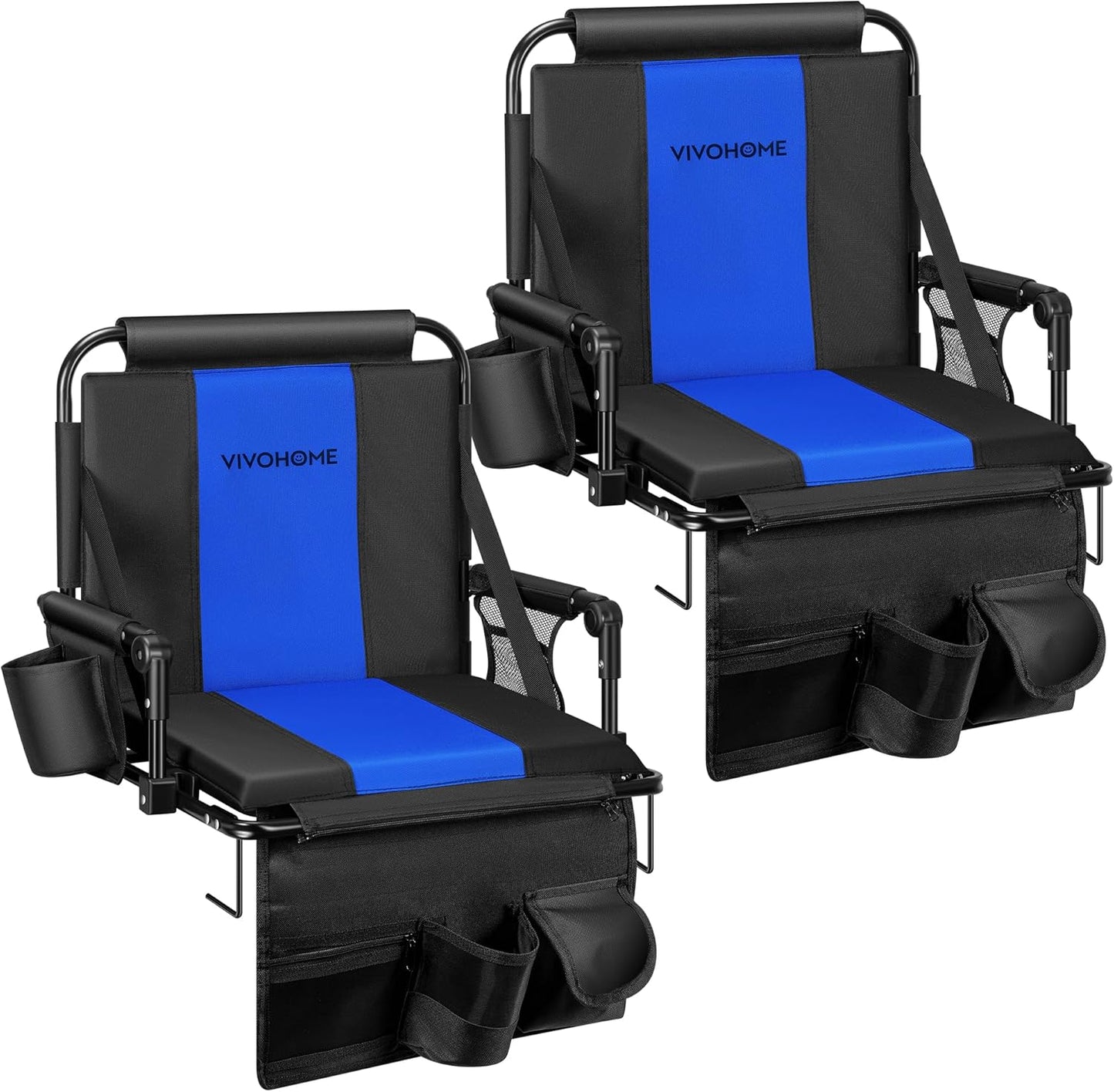 VIVOHOME Stadium Seats with Back Support and Cushion, 2 Pack Portable Bleacher Chairs with Cup Holder, Storage Bags and Shoulder Strap, Comfortable for Various Sports Events, Black and Gray